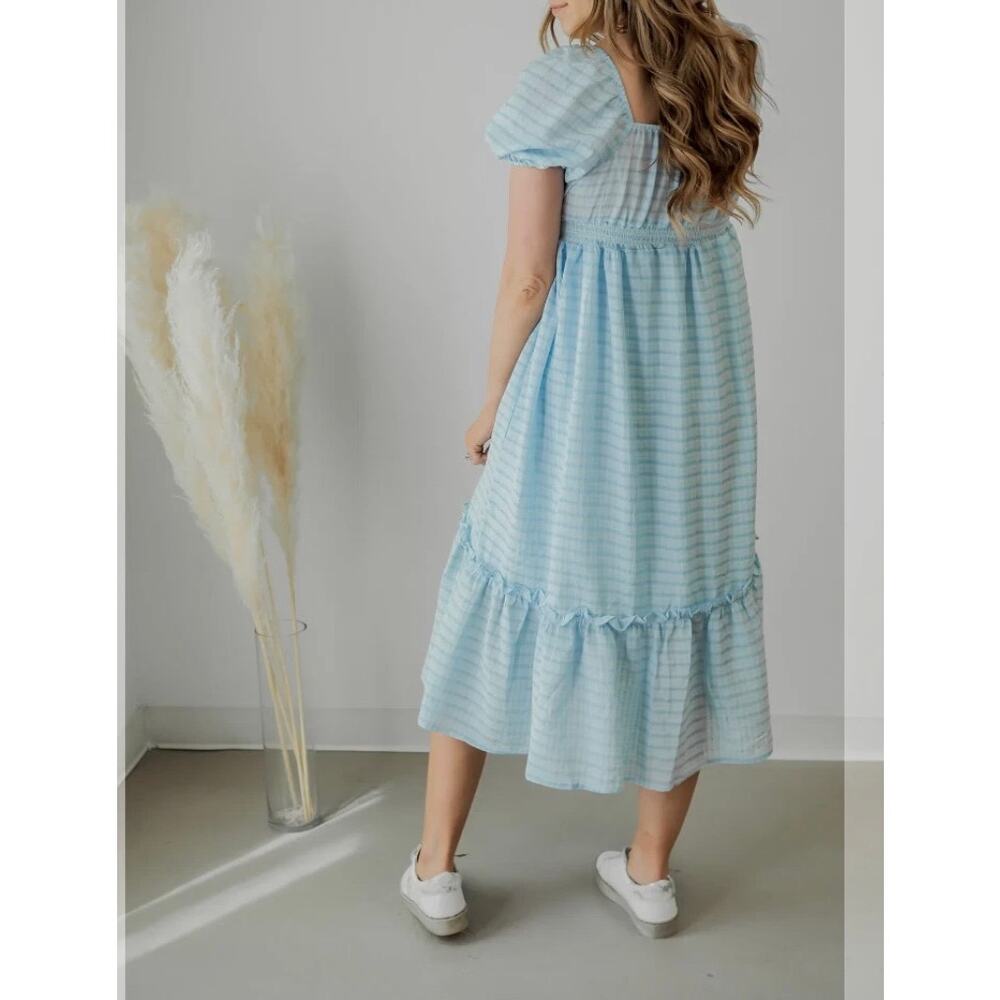 By The River Blue Plaid Smocked Boho Cottage Core Tiered Ruffle Dress Size S - Picture 8 of 9